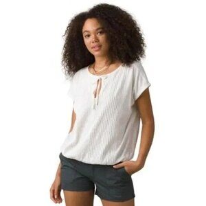 prAna Womens Ocupas Popover Pin Tuck Short Sleeve Shirt Soft White Size S NWT